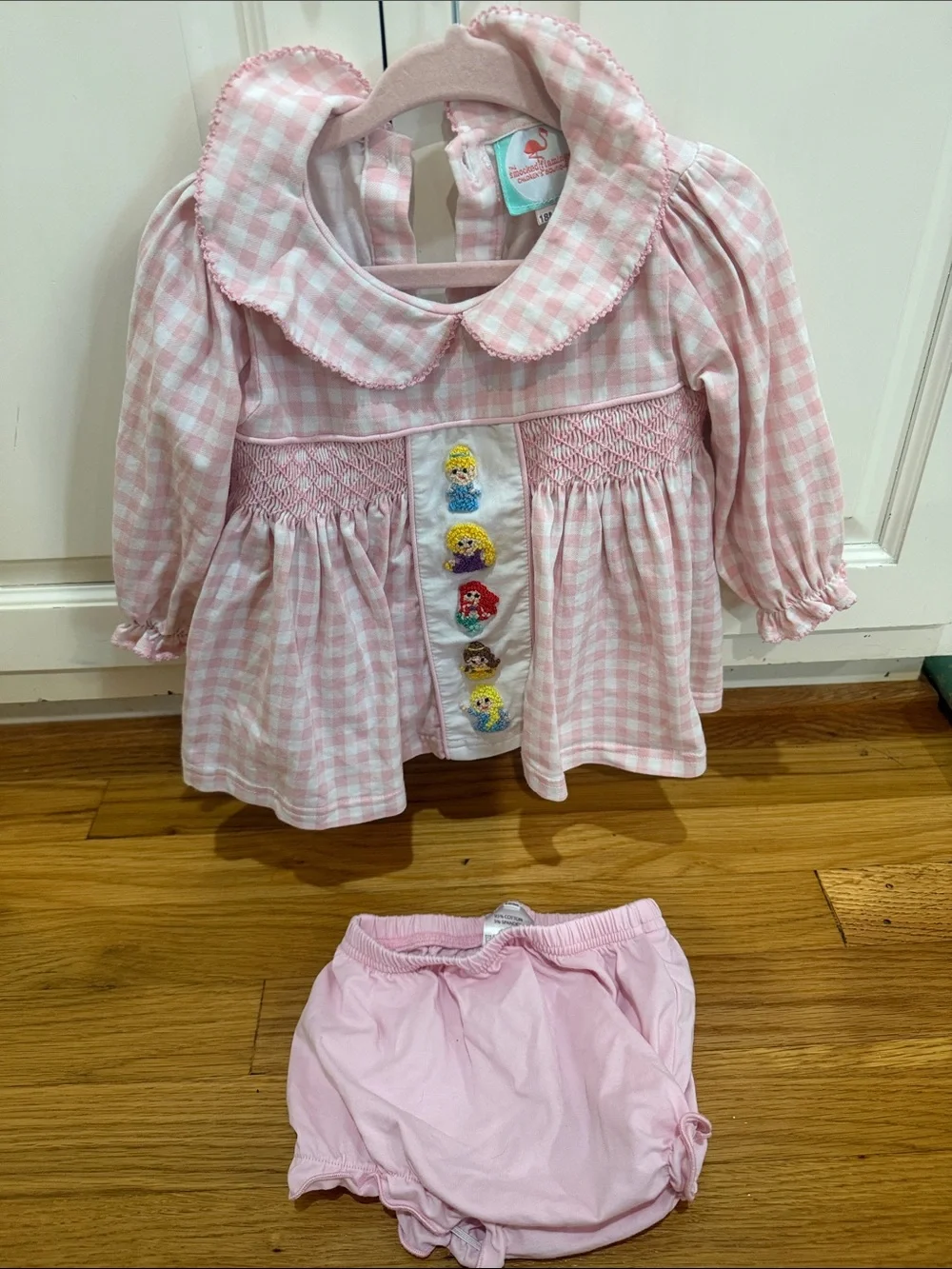 Pink Gingham Smocked Baby Matching Set with French knot Disney princesses
